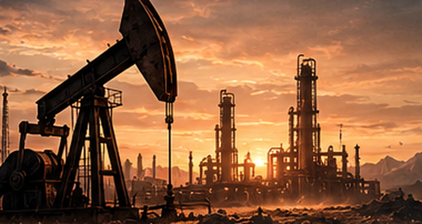 Oil pumpjack and industrial production facilities at sunset